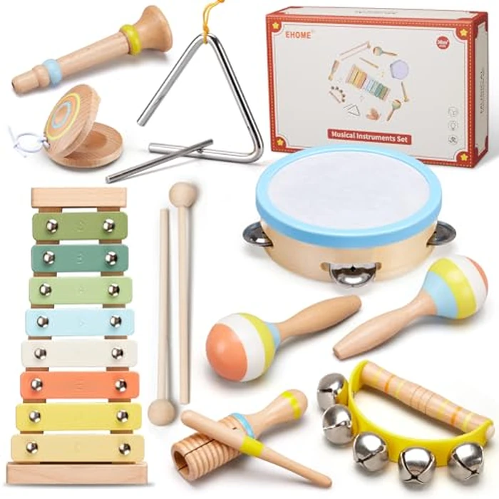 Baby Musical Instruments Set Montessori Wooden Music Toys for Toddlers 3 4 5 Neutral Color Percussion Music Kit with Drum, Xylophone,Storage Bag, Birthday Preschool Learning Gift for Boys Girls by Ehome - Used - Very Good condition - US$29.03
