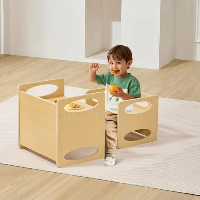 VEVOR Montessori Weaning Table and Chair Set, Wooden Toddler Table and Chair Set for Aged 1-5, Adjustable Height Kids Montessori Chair and Activity Table, Ideal for Reading, Eating, Playing - Natural by VEVOR - Image 1