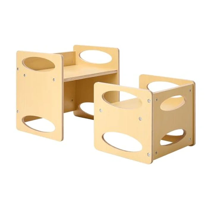VEVOR Montessori Weaning Table and Chair Set, Wooden Toddler Table and Chair Set for Aged 1-5, Adjustable Height Kids Montessori Chair and Activity Table, Ideal for Reading, Eating, Playing - Natural by VEVOR - Image 2