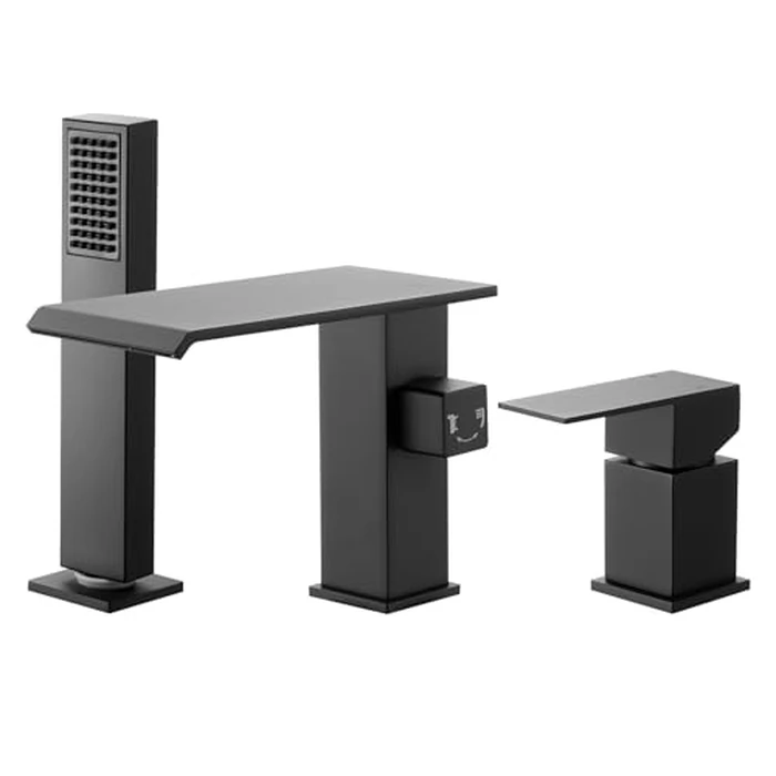 VEVOR Roman Tub Faucet, 3 Hole Waterfall Bathtub Faucet, Roman Bathtub Faucets Set with Shower Head & 1 Handle, Deck Mount Bath Tub Faucets Set for Pet Washing, Baby Care, Adult Bathing, Matte Black by VEVOR - Image 1
