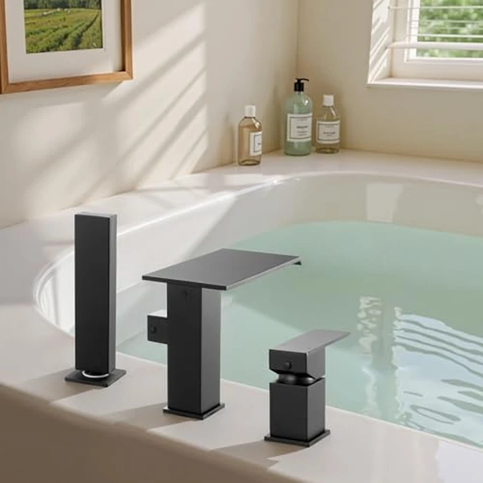 VEVOR Roman Tub Faucet, 3 Hole Waterfall Bathtub Faucet, Roman Bathtub Faucets Set with Shower Head & 1 Handle, Deck Mount Bath Tub Faucets Set for Pet Washing, Baby Care, Adult Bathing, Matte Black by VEVOR - Image 2