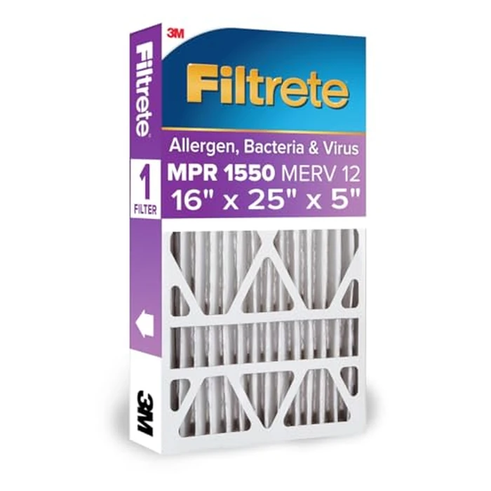 Filtrete 16x25x5 AC Furnace Air Filter, MPR 1550, MERV 12, Fits Honeywell & Trion AirBear, CERTIFIED Asthma & Allergy Friendly, Electrostatic Air Filter, 1-Pack (actual size 15.75 x 24.13 x 4.88) by Filtrete - Used - Good condition - US$18.91