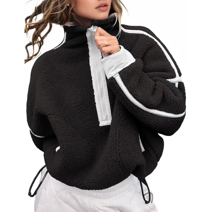 Kumufenc Women's Fleece Sweatshirts Half Zip Pullover Long Sleeve Oversized Workout Crop Sherpa Hoodie with Pocket(Black1,M) by Kumufenc - Used - Like New condition