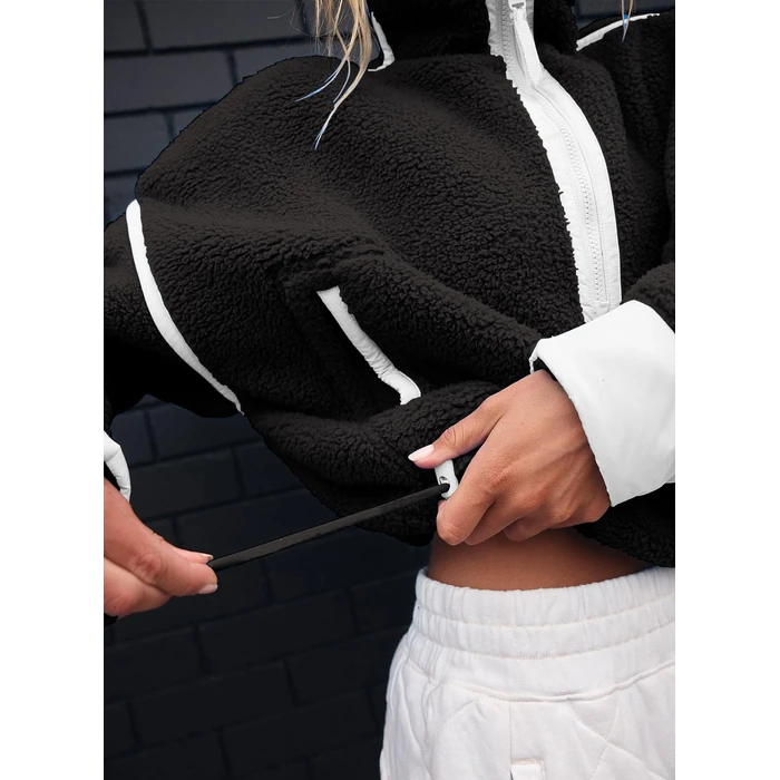 Kumufenc Women's Fleece Sweatshirts Half Zip Pullover Long Sleeve Oversized Workout Crop Sherpa Hoodie with Pocket(Black1,M) by Kumufenc - Image 2