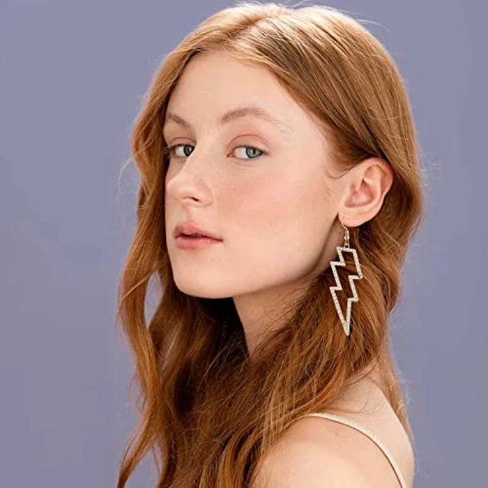 Lightning Bolt Earrings, 80s Earrings for Women, Glitter Rhinestone Lightning Bolt Dangle Earrings for 80's Outfit Party Accessories Halloween Gifts (Gold) by CEALXHENY - Image 4