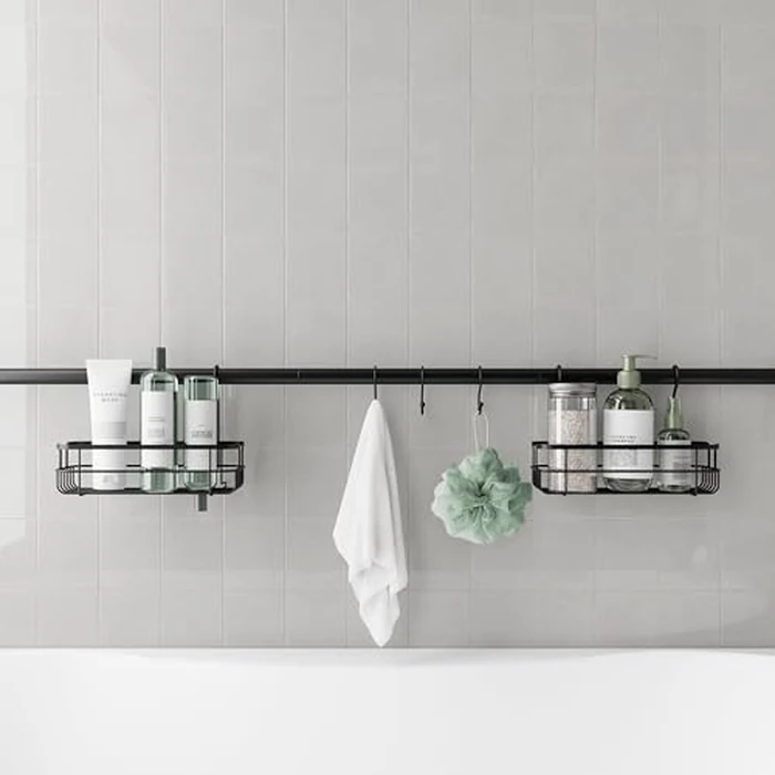 Zenna Home Bathroom Organizer Shower Caddy, Adjustable Horizontal Tension Pole Between Wall Shower Storage System with 2 Baskets and 3 Hooks, 26 to 76 Inch, Matte Black by Zenna Home - Used - Very Good condition - US$27.54