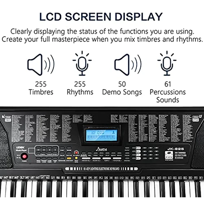 61 Key Portable Electronic Keyboard Piano w/Lighted Full Size Keys, LCD, Headphones, X-Stand, Stool, Music Rest, Microphone, Note Stickers, Built-In Speakers,3 Teaching Modes by JIKADA - Image 1