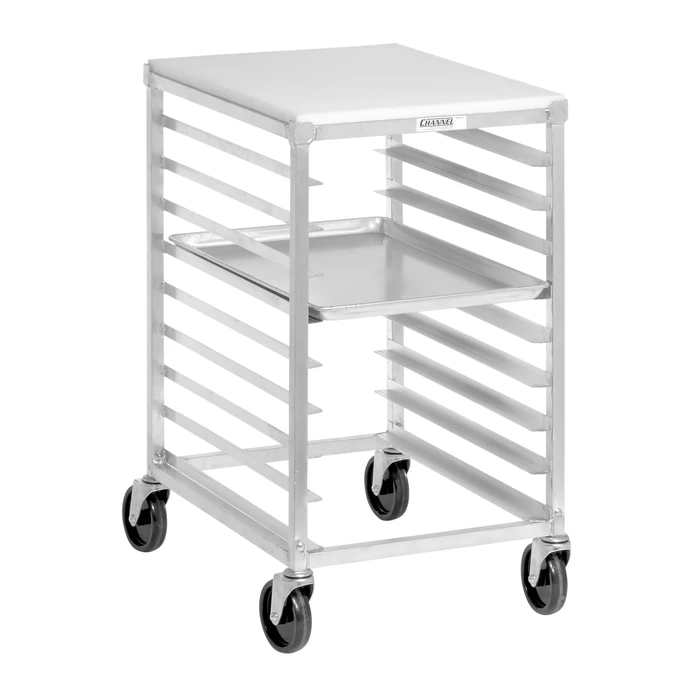 Channel 425A/P Bun Pan Rack with Poly Top, Standard Heavy-duty Series, Half Height, Aluminum, End Load, Holds (9) 18"x26" or (18) 13"x18" Pans, 3" Spacing, 5" Swivel Stem Casters, 20.5"W x 26"D x 36"H by Channel Manufacturing - Used - Like New condition