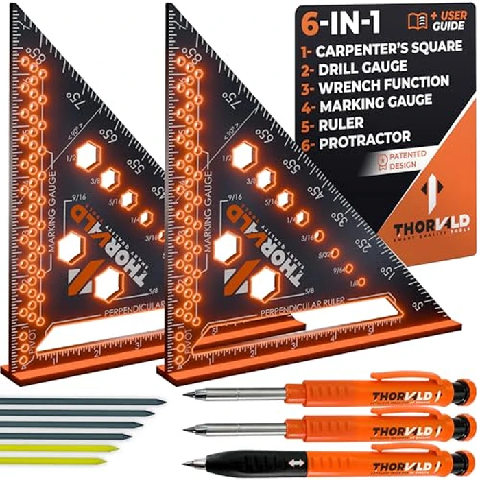 THORVALD 2 Carpenter Square 7 inch (1/16" Precision) + 2 Pencils + 12 Leads - T Square Multi-Purpose Carpenter Tools : Wrench, Protractor, Ruler, Marking Gauge, Drill Gauge, Carpentry Pencil by THORVALD - Image 1