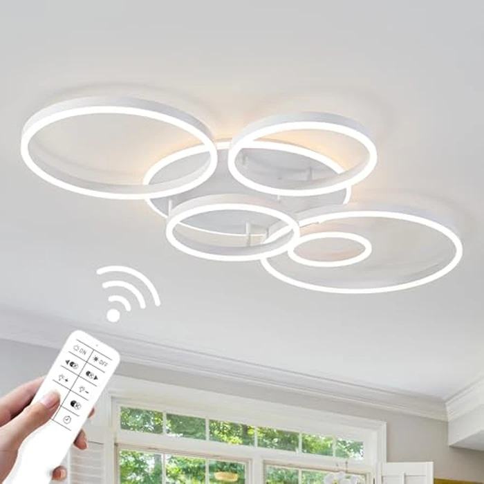 O'NEELDY Modern LED Ceiling Light White Flush Mount Ceiling Lights Fixtures Dimmable 47" Dining Room Light Fixture with Remote 6 Rings Kitchen Lighting Fixtures Ceiling Lamp for Bedroom,Living Room by O'NEELDY - Used - Very Good condition