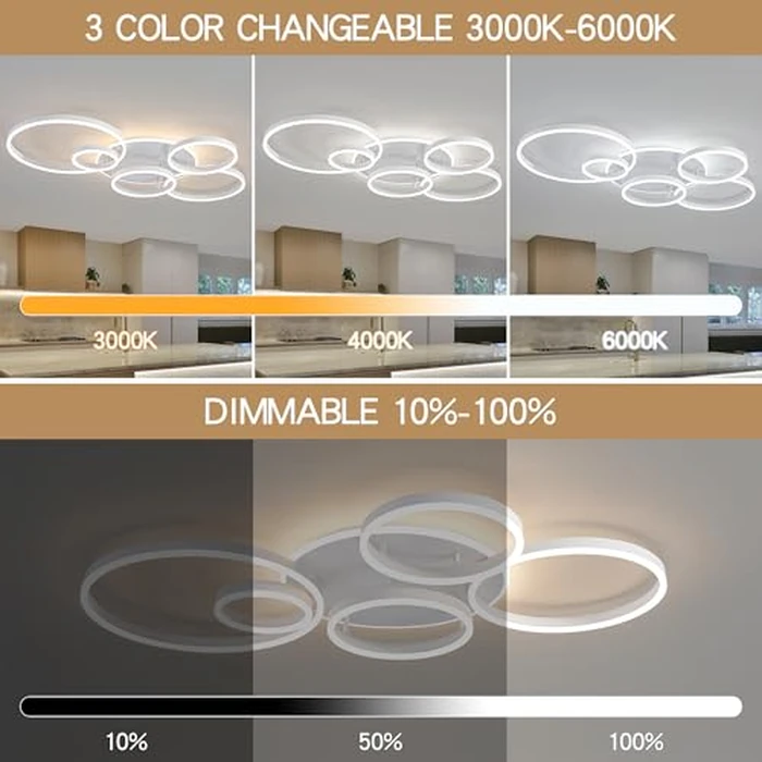 O'NEELDY Modern LED Ceiling Light White Flush Mount Ceiling Lights Fixtures Dimmable 47" Dining Room Light Fixture with Remote 6 Rings Kitchen Lighting Fixtures Ceiling Lamp for Bedroom,Living Room by O'NEELDY - Image 2