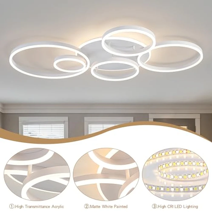 O'NEELDY Modern LED Ceiling Light White Flush Mount Ceiling Lights Fixtures Dimmable 47" Dining Room Light Fixture with Remote 6 Rings Kitchen Lighting Fixtures Ceiling Lamp for Bedroom,Living Room by O'NEELDY - Image 4