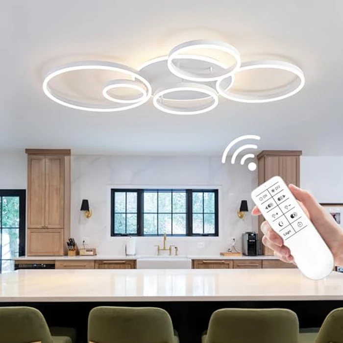 O'NEELDY Modern LED Ceiling Light White Flush Mount Ceiling Lights Fixtures Dimmable 47" Dining Room Light Fixture with Remote 6 Rings Kitchen Lighting Fixtures Ceiling Lamp for Bedroom,Living Room by O'NEELDY - Image 8