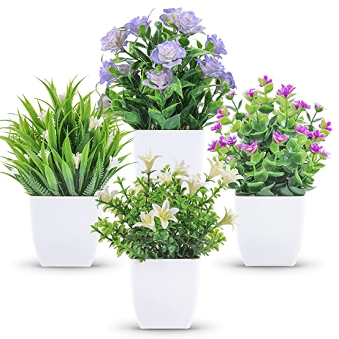 Der Rose 4 Pack Small Fake Plants Mini Artificial Faux Plants Indoor with Flowers Spring Decorations for Home Room Farmhouse Desk House Bathroom Decor by Der Rose - Used - Like New condition