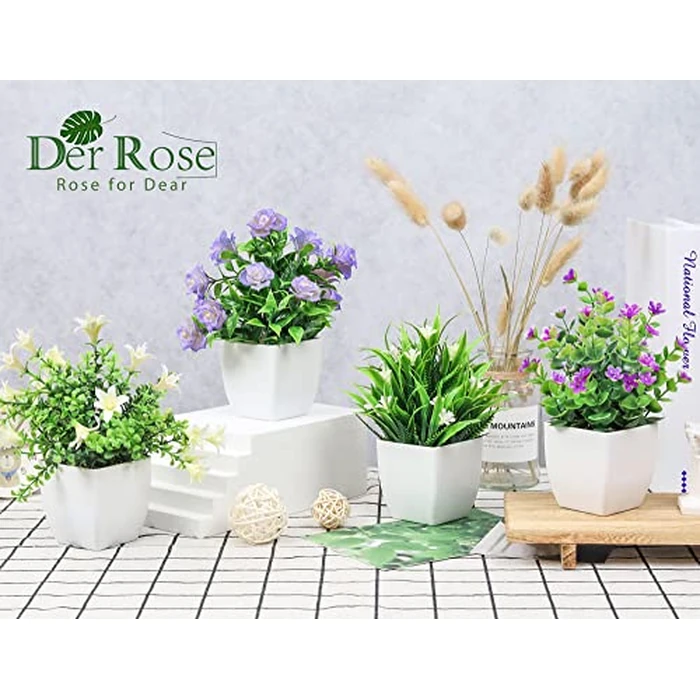Der Rose 4 Pack Small Fake Plants Mini Artificial Faux Plants Indoor with Flowers Spring Decorations for Home Room Farmhouse Desk House Bathroom Decor by Der Rose - Image 3