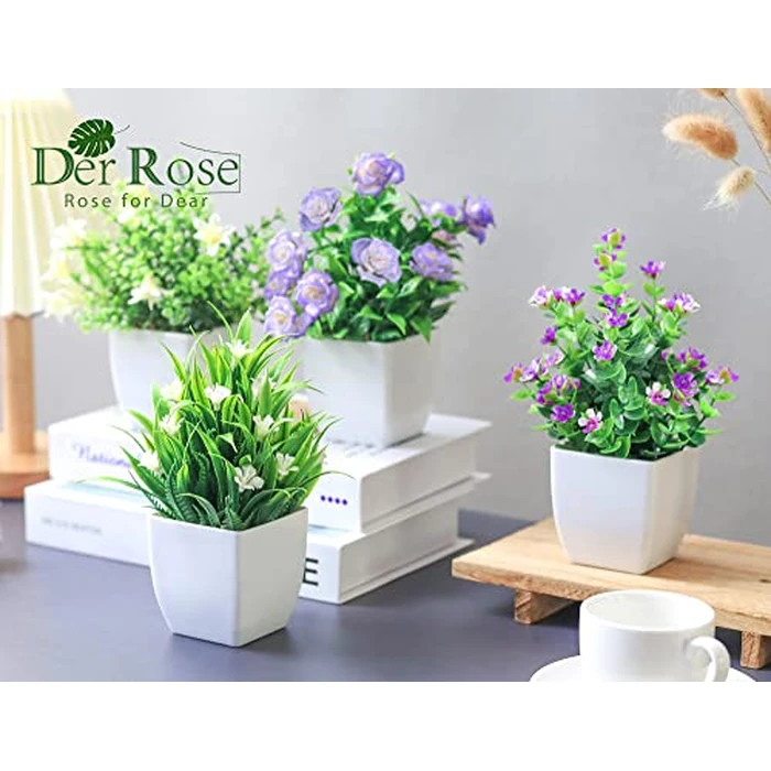 Der Rose 4 Pack Small Fake Plants Mini Artificial Faux Plants Indoor with Flowers Spring Decorations for Home Room Farmhouse Desk House Bathroom Decor by Der Rose - Image 4