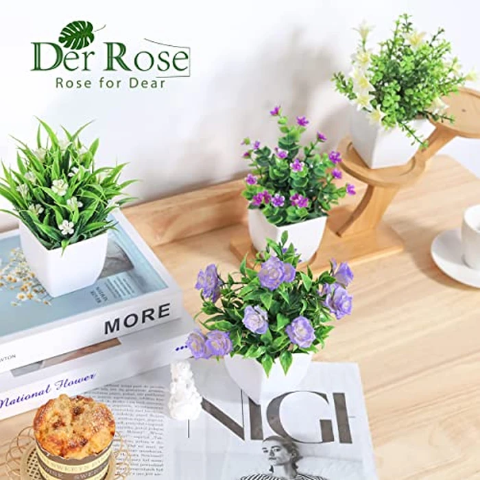 Der Rose 4 Pack Small Fake Plants Mini Artificial Faux Plants Indoor with Flowers Spring Decorations for Home Room Farmhouse Desk House Bathroom Decor by Der Rose - Image 5