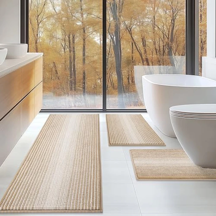 BSICPRO Bathroom Rugs Sets 3 Piece, Toilet Rugs U-Shaped Contour Bath Mat Set, Long Striped Absorbent Non Slip Chenille Shower Mat, Beige by BSICPRO - Image 1
