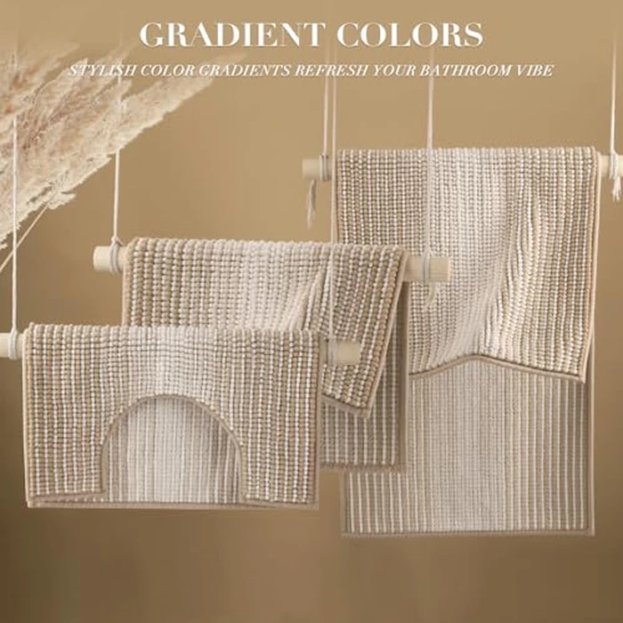 BSICPRO Bathroom Rugs Sets 3 Piece, Toilet Rugs U-Shaped Contour Bath Mat Set, Long Striped Absorbent Non Slip Chenille Shower Mat, Beige by BSICPRO - Image 4