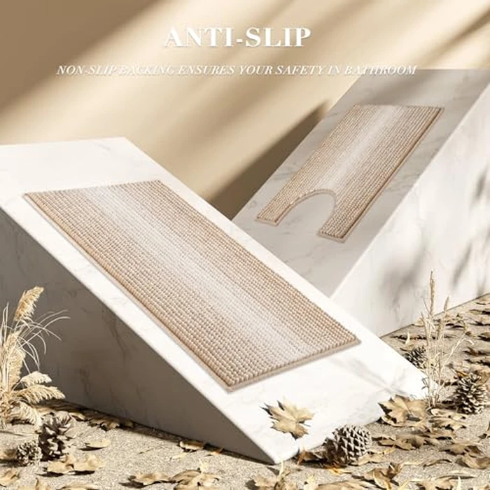 BSICPRO Bathroom Rugs Sets 3 Piece, Toilet Rugs U-Shaped Contour Bath Mat Set, Long Striped Absorbent Non Slip Chenille Shower Mat, Beige by BSICPRO - Image 5