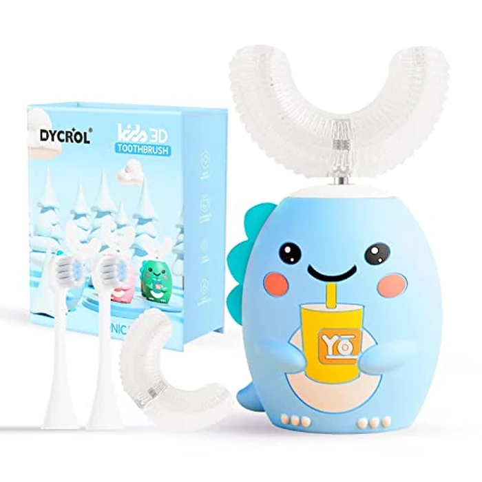 DYCROL Kids U Shaped Electric Toothbrush with 4 Brush Heads, Sonic Toothbrush Kids with 5 Modes, Cartoon Dinosaur 360-Degree Cleaning IPX7 Waterproof Design (6-12 Age (Blue)) by DYCROL - Used - Like New condition