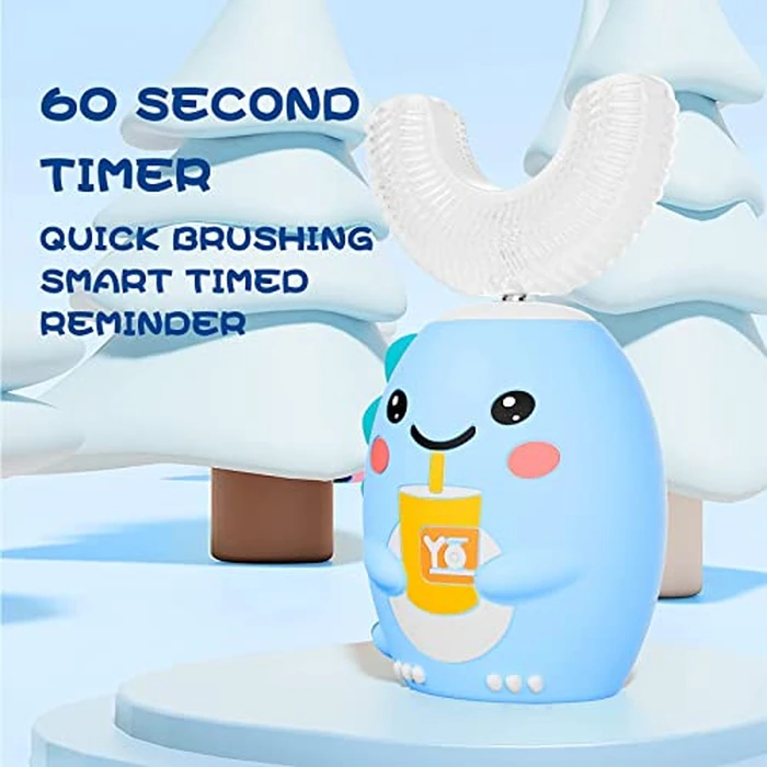 DYCROL Kids U Shaped Electric Toothbrush with 4 Brush Heads, Sonic Toothbrush Kids with 5 Modes, Cartoon Dinosaur 360-Degree Cleaning IPX7 Waterproof Design (6-12 Age (Blue)) by DYCROL - Image 3