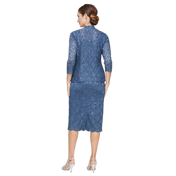 S.L. Fashions Women's Tea Length Sequin Lace Special Occasion Dress with Illusion Sleeve Jacket, Wedgewood, 16 by S.L. Fashions - Image 3