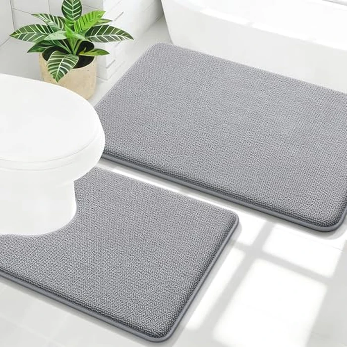 OLANLY Bathroom Rugs Sets 2 Piece, Soft Absorbent Memory Foam Bath Mats and U-Shaped Toilet Rug Set, Machine Washable Bath Mats for Bathroom, Home Decor Accessories (30"x20"+24"x20", Grey) by OLANLY - Used - Like New condition