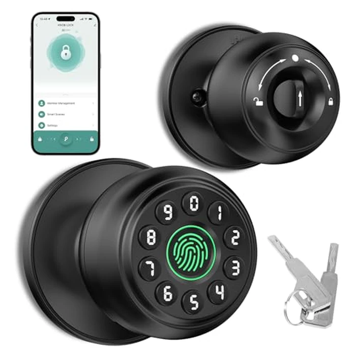 Digital Smart Door knob, Smart Fingerprint with Keypad Door Lock, App Control, Suitable for Bedroom, Storage Room, Apartment Office, Hotel (Black)-HL-5-41212 by HEI LIANG - Used - Like New condition