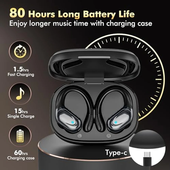 Wireless Earbuds, Sports Bluetooth Headphones, 80Hrs Playtime Ear Buds with LED Power Display, Noise Canceling Headset, IPX7 Waterproof Earphones for Workout/Running Z (Deep Black) by HAOYUYAN - Image 2
