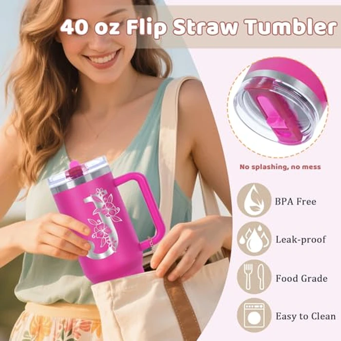 Tswofia Personalized 40 oz Monogrammed Tumbler with Handle & Flip Straw, 100% Leak Proof stainless steel Insulated Tumbler, Customized Initial Funny Gifts for Women Mom Sisters Coworker, J by Tswofia - Image 6