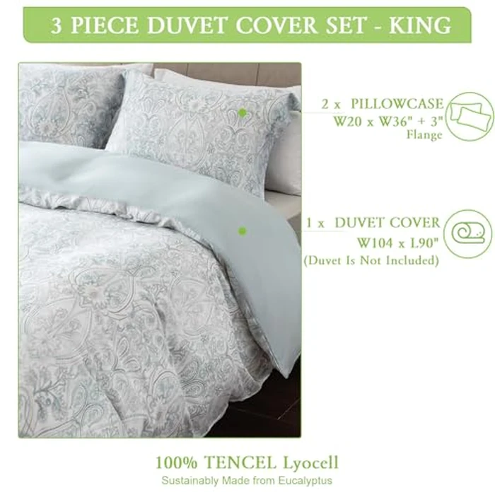 Home Luxe 3-Piece Duvet Cover Set - 300TC Tencel Lyocell, Ultra Soft Cooling Bedding with 2 Pillowcases - Breathable, Sustainable, Luxury Linen (Aqua Damask, King (U.S. Standard)) by HOME LUXE - Image 2