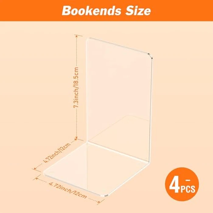 Baoswi 4 Pack Acrylic Bookends, Clear Book Ends for Shelves, Transparent Bookend Organizer, Book Holder Stand Decorative, Book Stoppers for Heavy Duty Books, CD, File by Baoswi - Image 2