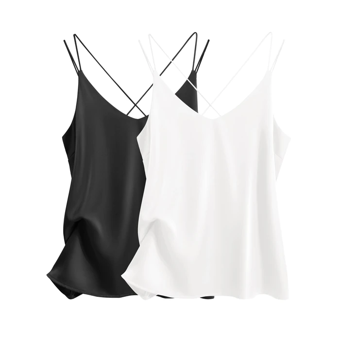 Ekouaer Womens 2-Pack Silk Satin Camisole Tank Top V Neck Sexy Cross Back Spaghetti Strap Cami Sleeveless Lounge Tops by Ekouaer - Used - Like New condition - US$17.77