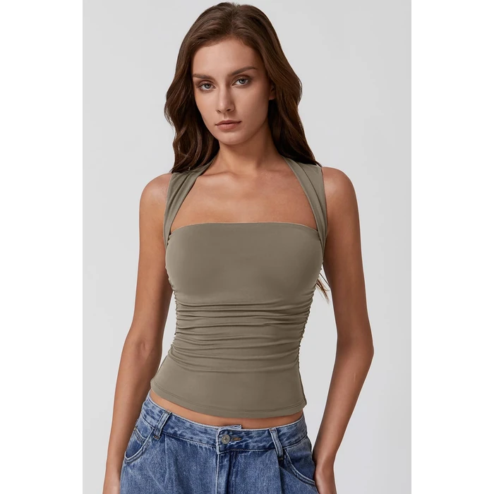 QINSEN Summer Tops for Women Square Neck Sleeveless Side Ruched Slim Fit Casual Tee Shirt Turner Taupe S by QINSEN - Image 10