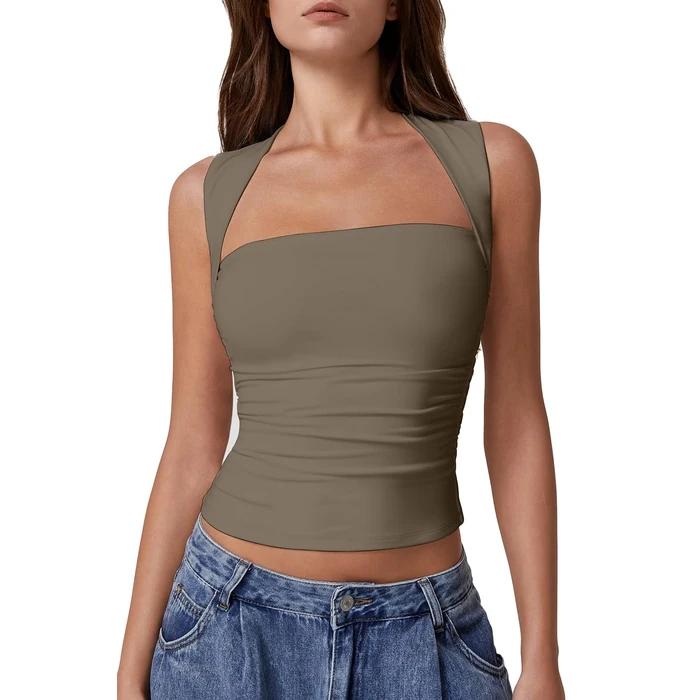 QINSEN Summer Tops for Women Square Neck Sleeveless Side Ruched Slim Fit Casual Tee Shirt Turner Taupe S by QINSEN - Used - Like New condition - US$23.74