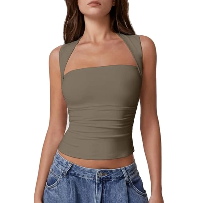 QINSEN Summer Tops for Women Square Neck Sleeveless Side Ruched Slim Fit Casual Tee Shirt Turner Taupe S by QINSEN - Image 2