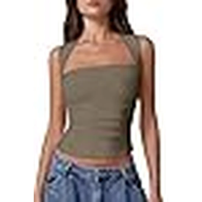 QINSEN Summer Tops for Women Square Neck Sleeveless Side Ruched Slim Fit Casual Tee Shirt Turner Taupe S by QINSEN - Image 3