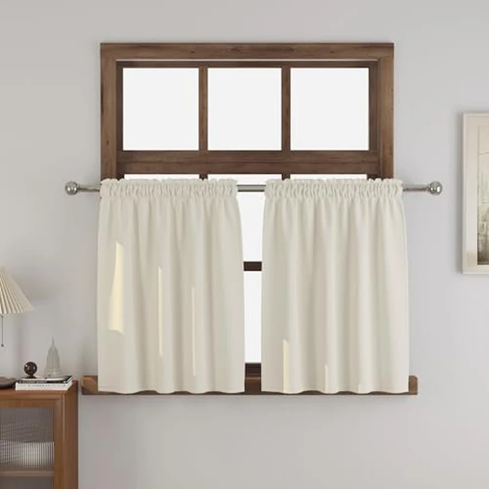 Cream Small Tiers 2 Pack Faux Linen Textured Kitchen Short Small Mini Window Curtains Valance 24 inches Length Privacy Home Decor Classic Cafe Basement Living Room/Bedroom 34W by 24L Rod Pocket by LKTCOBTAC - Used - Very Good condition - CA$14.32