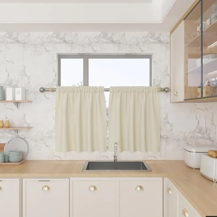 Cream Small Tiers 2 Pack Faux Linen Textured Kitchen Short Small Mini Window Curtains Valance 24 inches Length Privacy Home Decor Classic Cafe Basement Living Room/Bedroom 34W by 24L Rod Pocket by LKTCOBTAC - Image 7