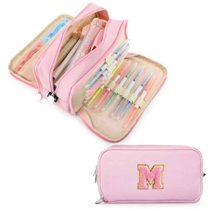 Nuozme Extra Large Capacity Pencil Case 3 Compartment Initial Pencil Pouch Personalized Cute Aesthetic Stationery Pen Case Bag for School Teen Girl Boy Men Women Gift (M, Pink) by Nuozme - Used - Very Good condition