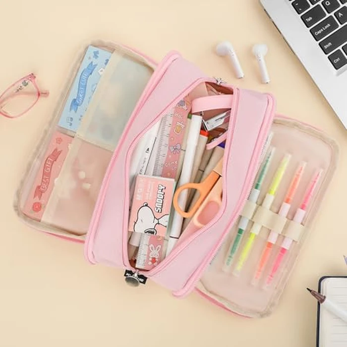 Nuozme Extra Large Capacity Pencil Case 3 Compartment Initial Pencil Pouch Personalized Cute Aesthetic Stationery Pen Case Bag for School Teen Girl Boy Men Women Gift (M, Pink) by Nuozme - Image 2