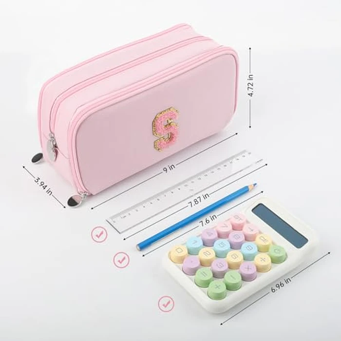 Nuozme Extra Large Capacity Pencil Case 3 Compartment Initial Pencil Pouch Personalized Cute Aesthetic Stationery Pen Case Bag for School Teen Girl Boy Men Women Gift (M, Pink) by Nuozme - Image 4