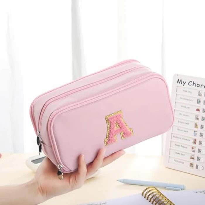 Nuozme Extra Large Capacity Pencil Case 3 Compartment Initial Pencil Pouch Personalized Cute Aesthetic Stationery Pen Case Bag for School Teen Girl Boy Men Women Gift (M, Pink) by Nuozme - Image 7