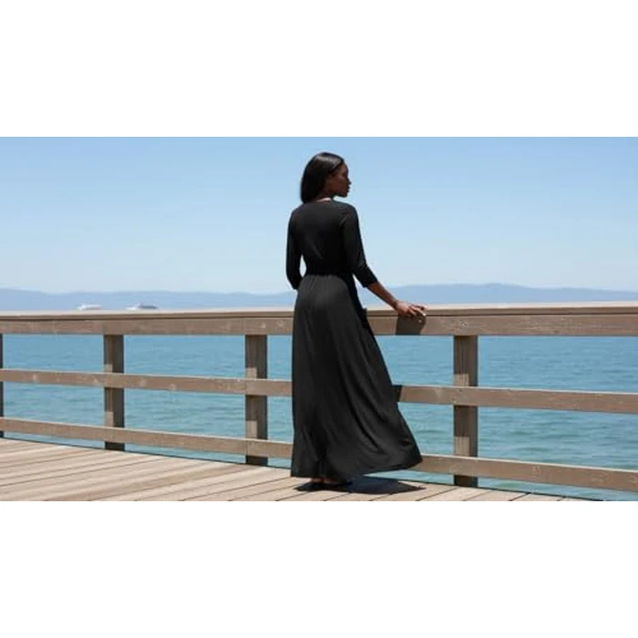 FANDEE Plus Size Maxi Dress for Women - Casual Summer Sundress V-Neck 3/4 Sleeve Solid Black S by FANDEE - Image 3