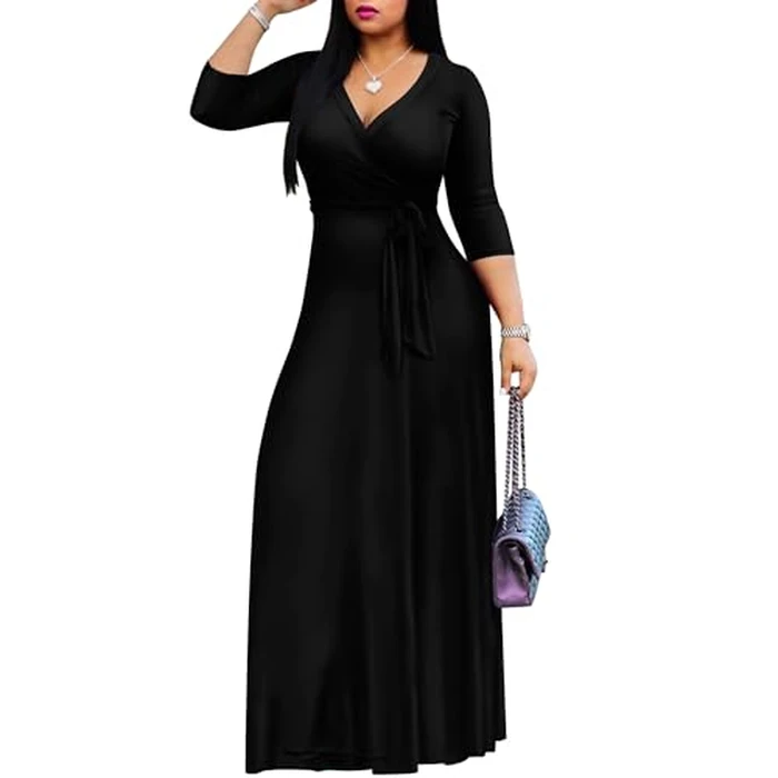 FANDEE Plus Size Maxi Dress for Women - Casual Summer Sundress V-Neck 3/4 Sleeve Solid Black S by FANDEE - Image 4