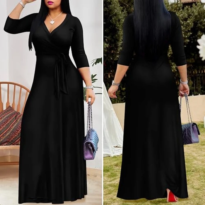 FANDEE Plus Size Maxi Dress for Women - Casual Summer Sundress V-Neck 3/4 Sleeve Solid Black S by FANDEE - Image 5