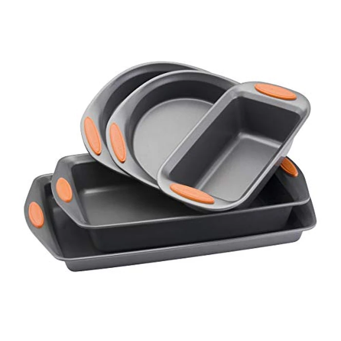 Rachael Ray 55673 Nonstick Bakeware Set with Grips includes Nonstick Bread Pan, Baking Pans and Cake Pans - 5 Piece, Gray with Orange Grips by Rachael Ray - Image 1
