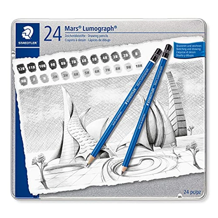 Staedtler Mars Lumograph Art Drawing Pencils, Graphite Pencils in Metal Case, Break-Resistant Bonded Lead, Grades 12B-10H, Set of 24 by Staedtler - Used - Very Good condition - CA$26.63