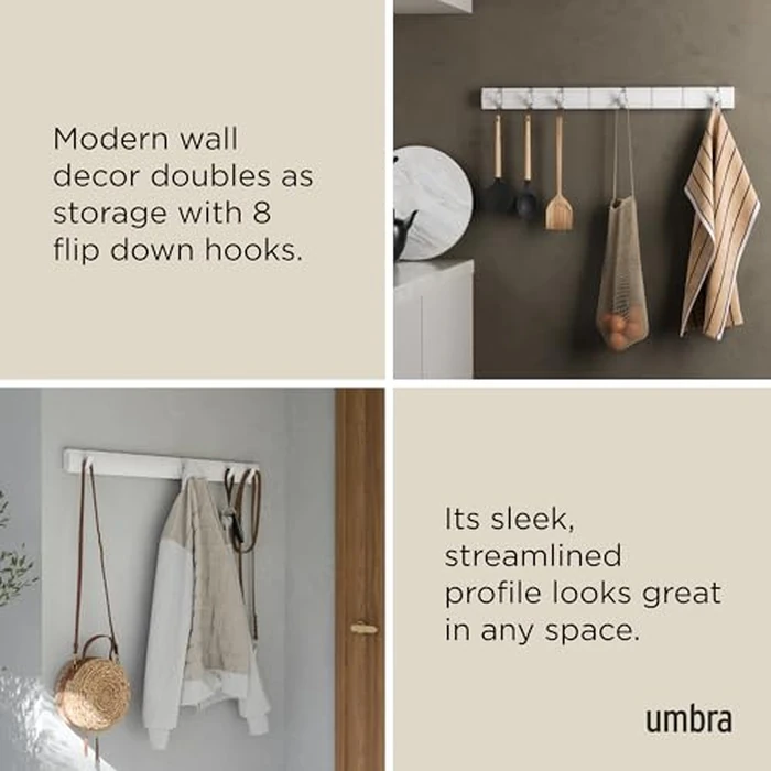 Umbra Flip Wall-Mounted Coat Rack with 8 Hooks - Modern, Space-Saving Storage for Hats, Jackets, Bags, Entryway, Mudroom, Closet, Bathroom, Bedroom - White/White by Umbra - Image 4